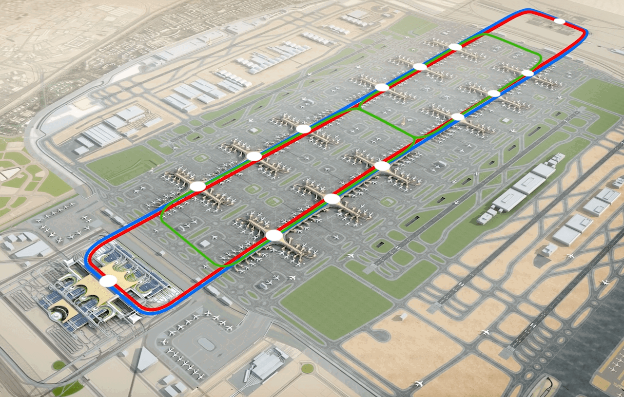 Aerial visualisation of the DWC concourses and terminal, with the tracks for the Automated People Mover highlighted